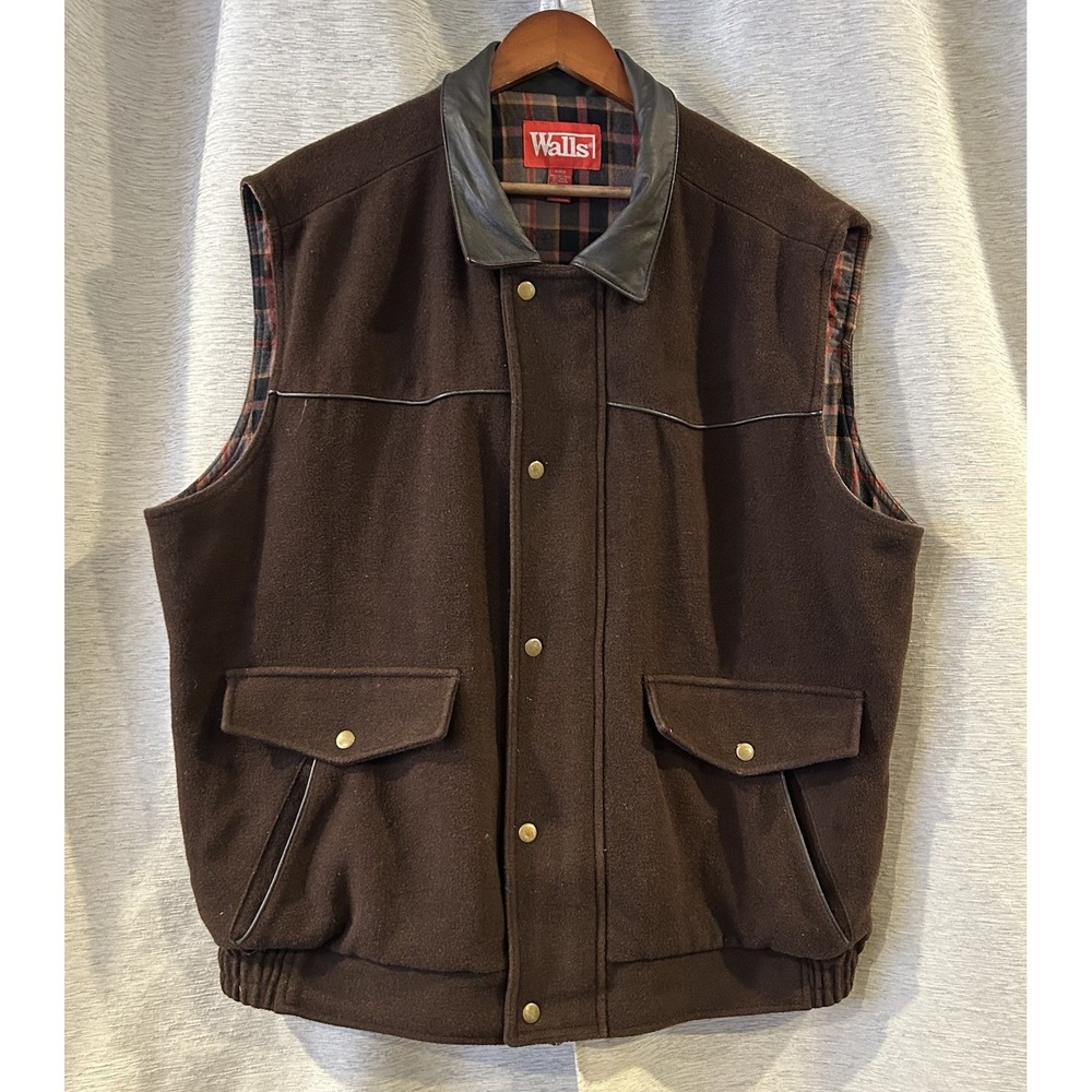 VTG Walls XL Brown‎ Wool Blend Vest w/Leather Trim Outdoor Workwear Western